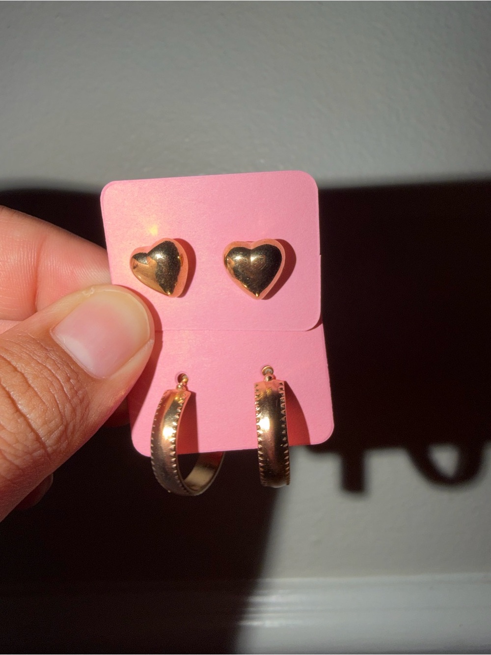 Gold Heart Studs & Textured Hoop Earring Set - Gold